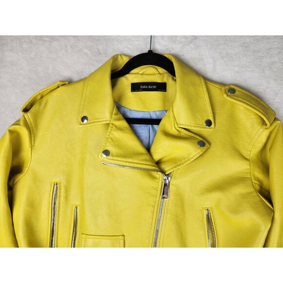 Zara Basic Women's Large Faux Leather Jacket Mustard Yellow Biker - Picture 2 of 13